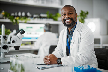 Black man, portrait or science laboratory for medical research, gmo studying or healthcare for...
