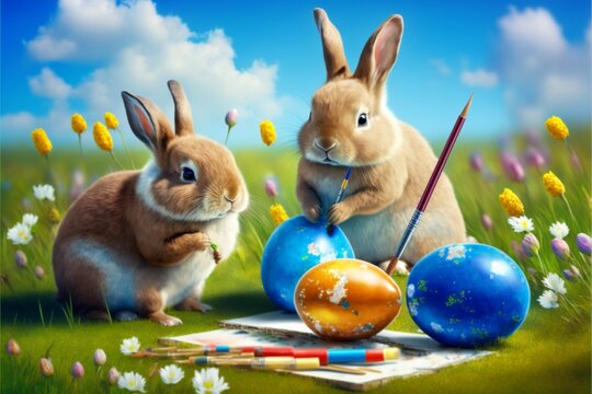 cute easter bunny painting eggs AI generated content