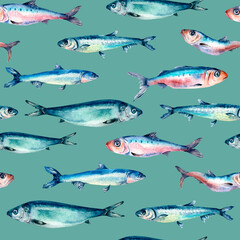 Sea fish horizontally seamless pattern watercolor isolated on blue.