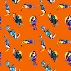 Toucan exotic tropical birds watercolor seamless pattern on ginger background. © Ekaterina Lanbina
