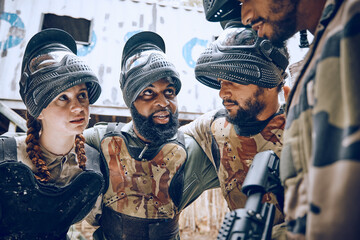 Paintball, team or friends together for a game while planning and talking strategy for attack or...