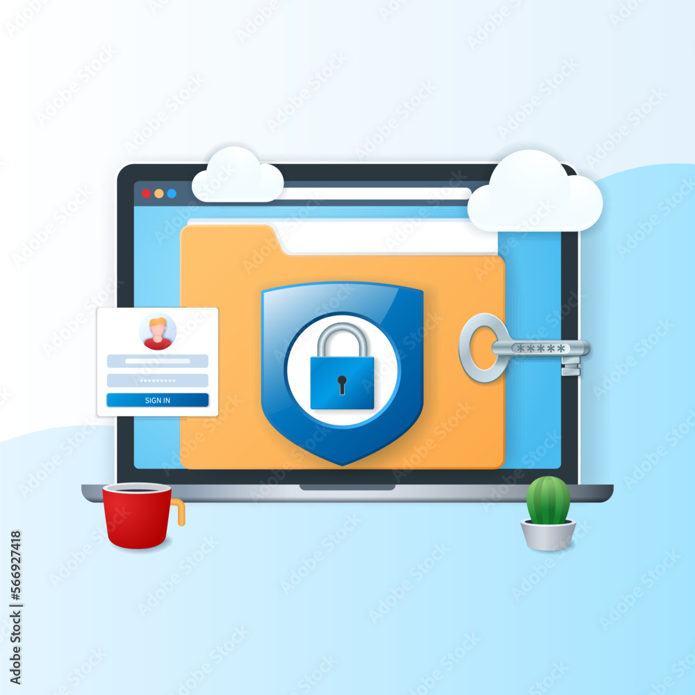 Poster data protection and security banner. laptop with folder and shield icons on the screen. data securit