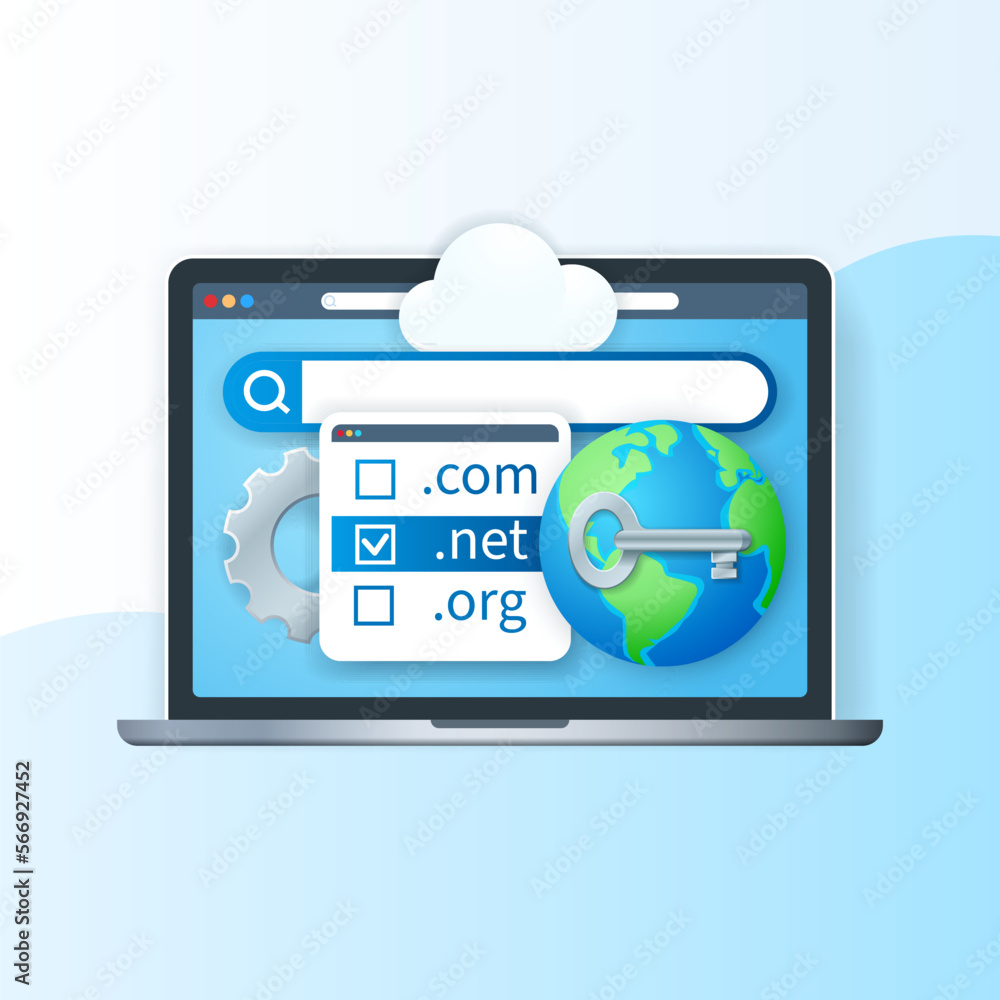 Poster domain registration concept. laptop with domain names on screen, globe and search bar icons. busines