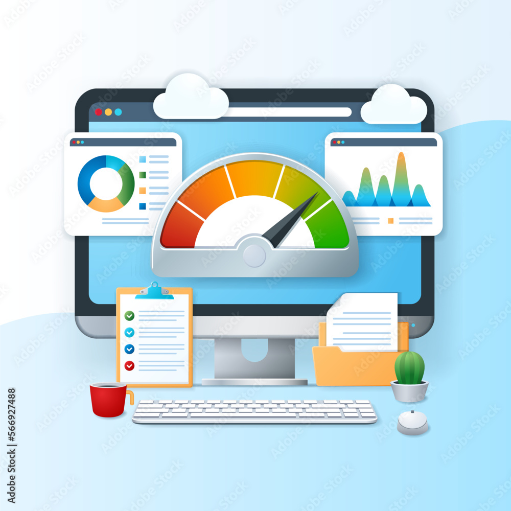 Fototapete Key Performance Indicator data report concept. Computer with graphs and charts on screen. Business banner. Web vector landing page template in 3D style