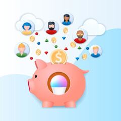 Crowdfunding platform banner. People putting money to piggybank. Startup investment concept. Web vector illustration in 3D style
