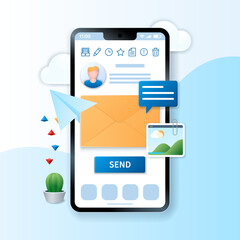 Mail service on mobile phone banner. Smartphone with email application and envelope icons on the screen. Computer technology concept. Web vector illustration in 3D style