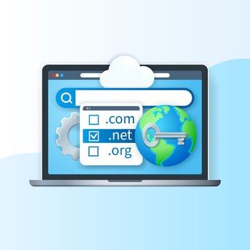 Domain registration concept. Laptop with domain names on screen, globe and search bar icons. Business banner. Web vector illustration in 3D style