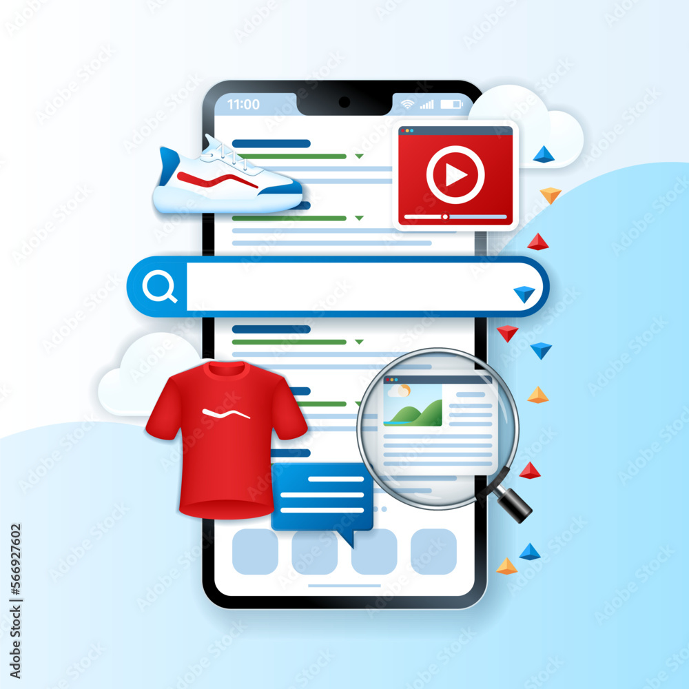 Aufkleber searching on internet with smartphone banner. smartphone with searching bar and clothes icons. busin