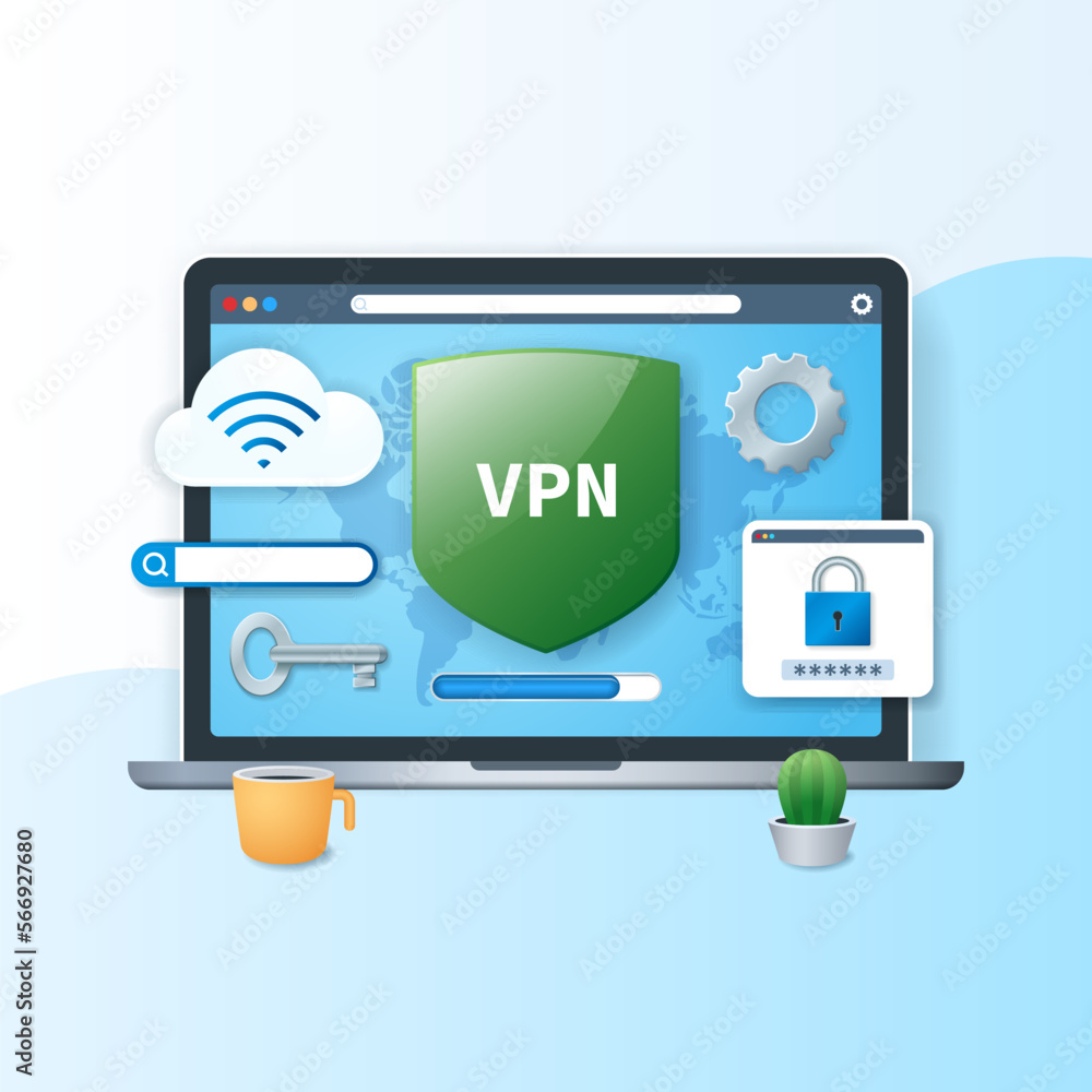 Poster virtual private network concept. laptop with shield, search bar and parol window. secure vpn connect