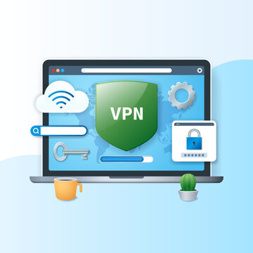 Virtual private network concept. Laptop with shield, search bar and parol window. Secure VPN connection. Web vector illustration in 3D style