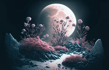 Rolgordijnen Illustration of an abstract fantasy landscape with pink roses in snow, moon and milky way stars. Generative AI. © Zelma