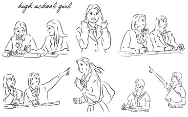 勉強に励む女子高生イラストのセット
