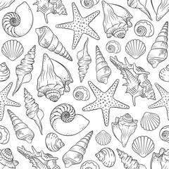 Seashells and starfish seamless pattern background vector illustration. Cute aquatic marine life doodle wallpapers