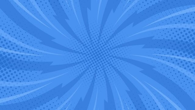 Blue comic background, vintage pop art, sunburst, superhero background with animated radial rays and dot pattern, seamless radial motion graphics