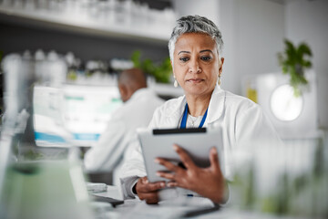 Woman, tablet or thinking in science laboratory for medical research, innovation or ideas for...