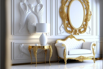 White wall with Golden sofa background white interior classic decorations, Generative AI