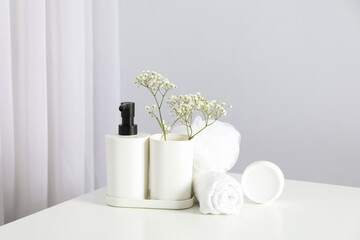 Concept of bath accessories, different bath supplies