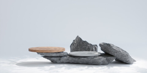 minimal scene with rock podium for product presentation. 3d illustration..