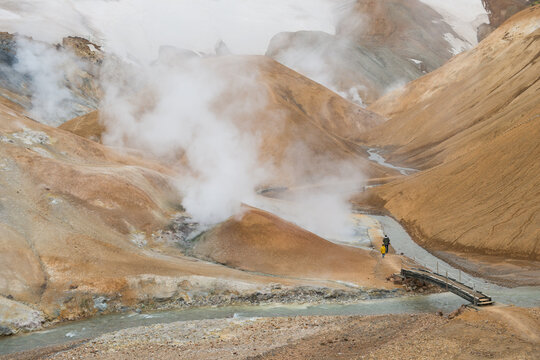 boiling and steaming volcanic geothermal landscape on highlands of Iceland