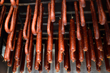 homemade sausages hanged to dry
