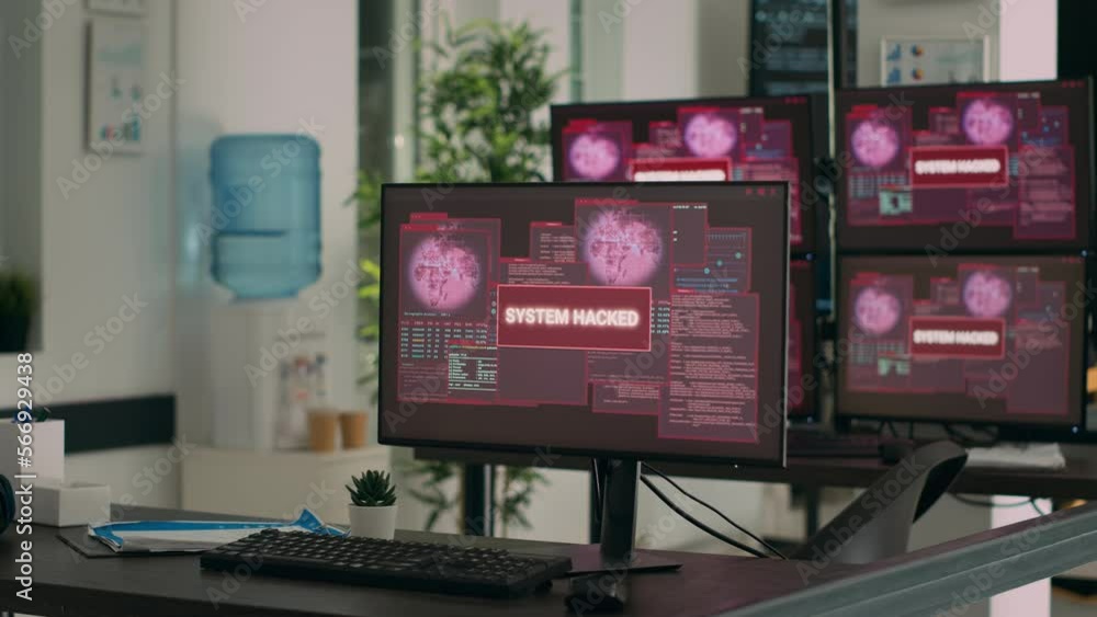 Aufkleber computers displaying hacking attack alert and security breach in empty it development office. showin