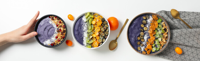 Concept of healthy food with acai smoothie, top view