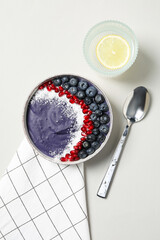 Concept of healthy food with acai smoothie, top view