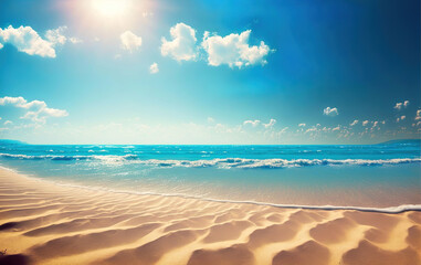Fototapeta na wymiar beautiful sandy ocean beach with sky and clouds, generative ai