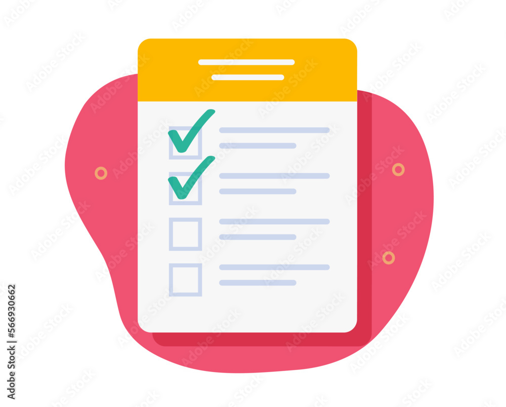 Poster check list test checkmarks paper icon vector, project checklist application filling flat graphic, qu