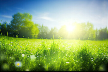 Fototapeta na wymiar landscape with summer spring green grass and sun background, generative ai