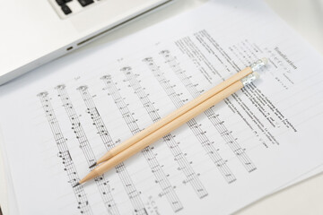 Sheet Music : Background Musical Notes with selective focus , International musician and composer concept.