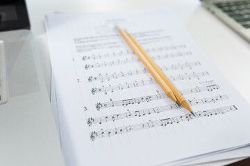 Obraz premium Sheet Music : Background Musical Notes with selective focus , International musician and composer concept.