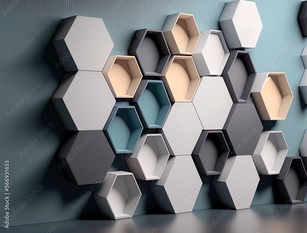 Poster tiled, shiny wall in the backdrop. wallcovering of futuristic concrete cubes on a hex tile backgroun