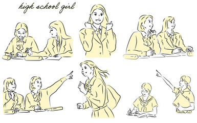 勉強に励む女子高生イラストのセット