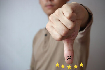 Customer Experience or Human Emotional Concept. Male thumb donwn dissatisfy with service, presenting her Sad Feeling by Drawn Line Cartoon and Body Language