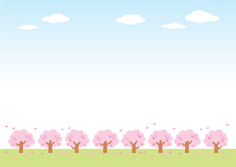 桜並木と青空のイラスト_横