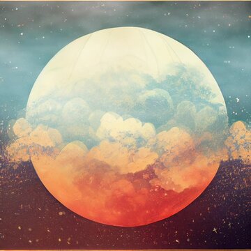 Trippy hippy misty moon animation cinemagraph dynamic image animated painting gently drifting clouds over the moon, music visualizer backdrop, sleep, hypnosis, relaxation (generative AI, AI)