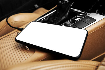 mobile phone with cut screen in car. smartphone mockup