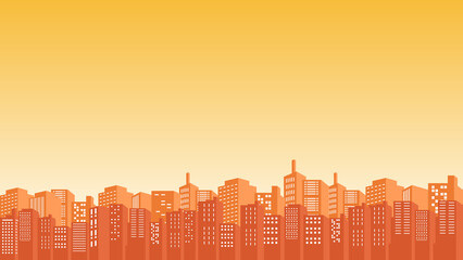 City background with tall skyscrapers and orange clouds
