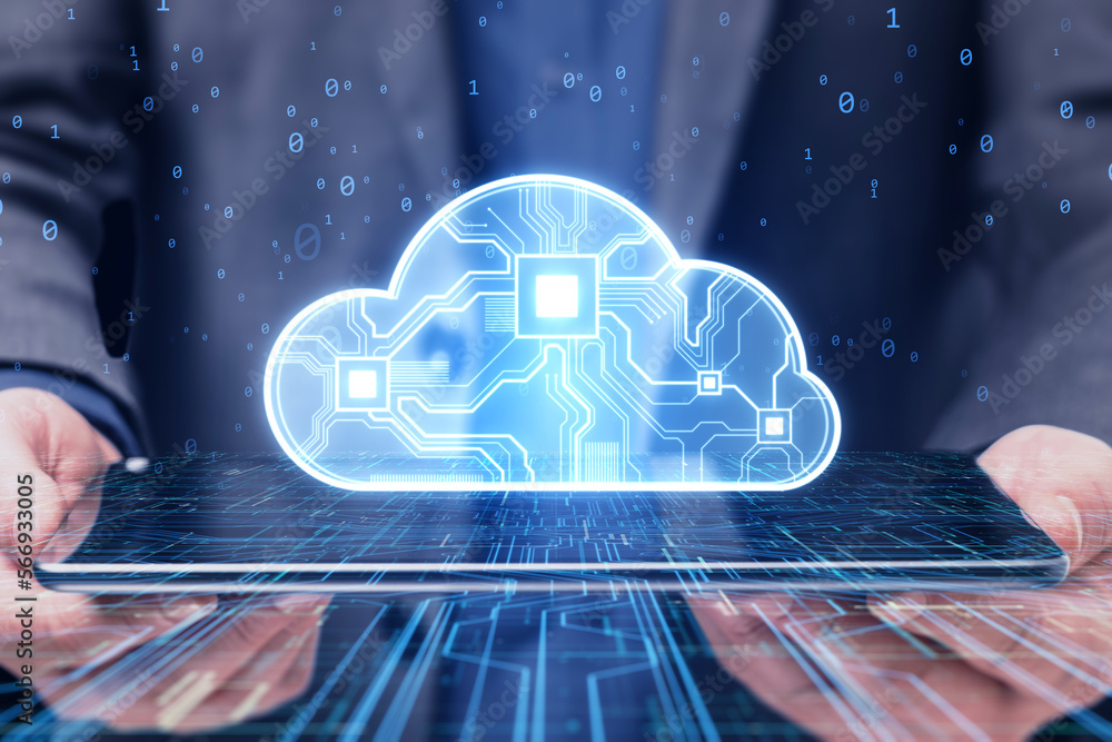 Poster close up of businessman hand holding tablet with hologram. glowing cloud hologram. cloud computing t
