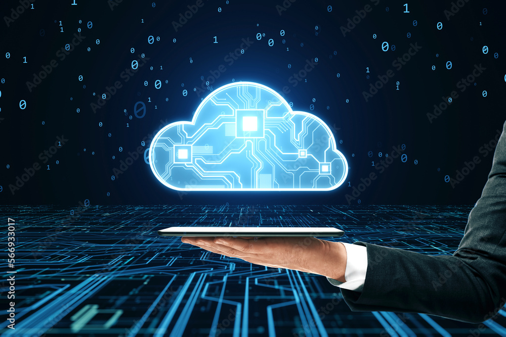 Poster close up of businessman hand holding cellphone with hologram. glowing cloud hologram. cloud computin