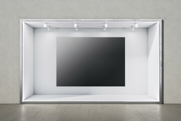 Front view on big blank black poster with space for your logo or text on white illuminated niche wall in abstract empty hall with concrete wall background and glossy tiles floor. 3D rendering, mockup