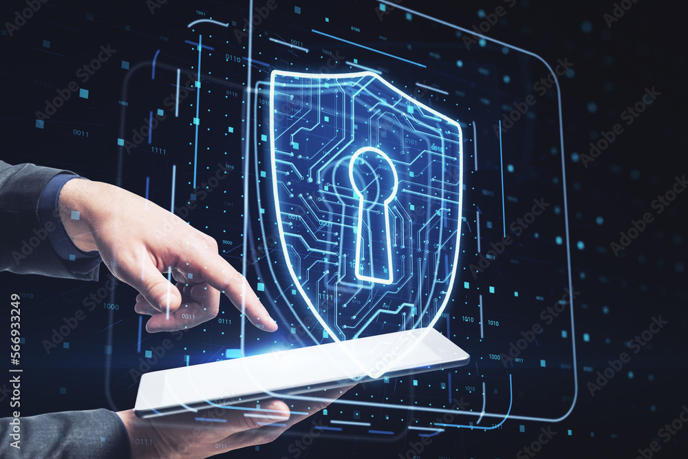 Poster close up of businessman hand pointing at mobile phone with glowing padlock hologram on dark tech bac