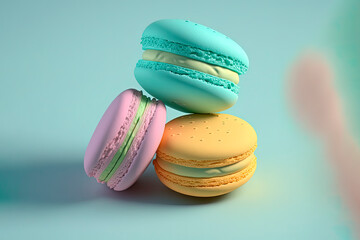 Fototapeta na wymiar Pastel colored French macarons in a colored background. Generative AI