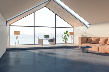 Contemporary loft attic office interior with furniture, panoramic window and city view. 3D Rendering.