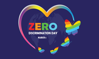 Discrimination Day banner background. It includes rainbow colored butterflies and love shape. Vector illustration