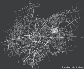 Detailed negative navigation white lines urban street roads map of the STADT BOCHOLT DISTRICT of the German town of BOCHOLT, Germany on dark gray background