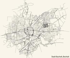 Fototapeta na wymiar Detailed navigation black lines urban street roads map of the STADT BOCHOLT DISTRICT of the German town of BOCHOLT, Germany on vintage beige background