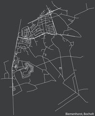 Detailed negative navigation white lines urban street roads map of the BIEMENHORST DISTRICT of the German town of BOCHOLT, Germany on dark gray background