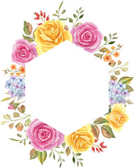 Watercolor floral frame, watercolor flower border, flower wreath, leaves and rose pink- rose yellow, for wedding invitation, greeting cards,  background.
